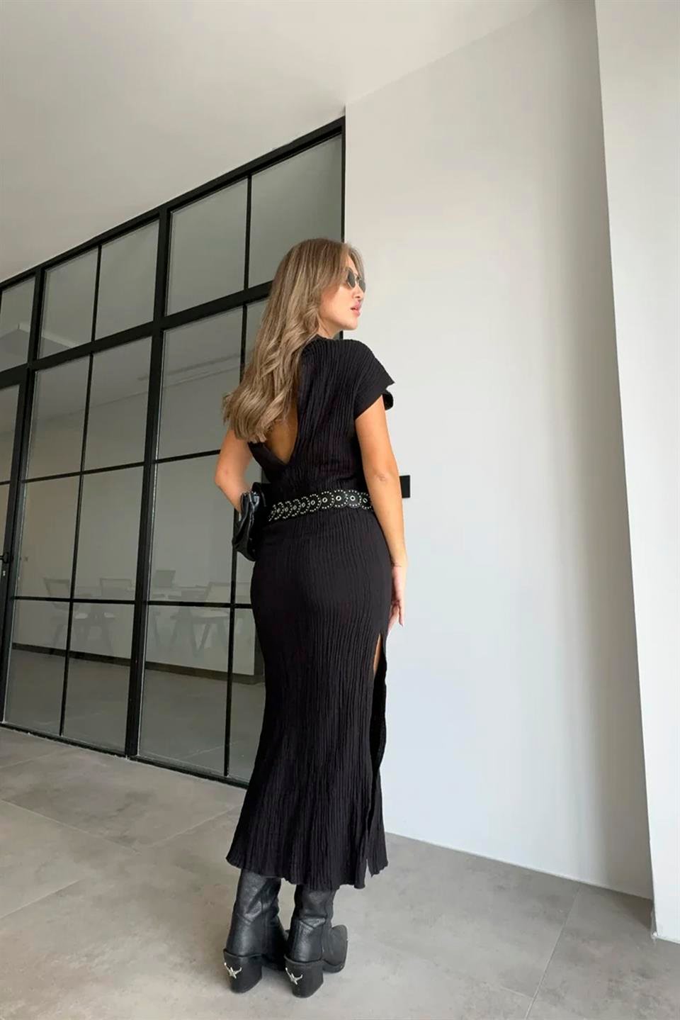 3233 KETEN ELBİSE SİYAH