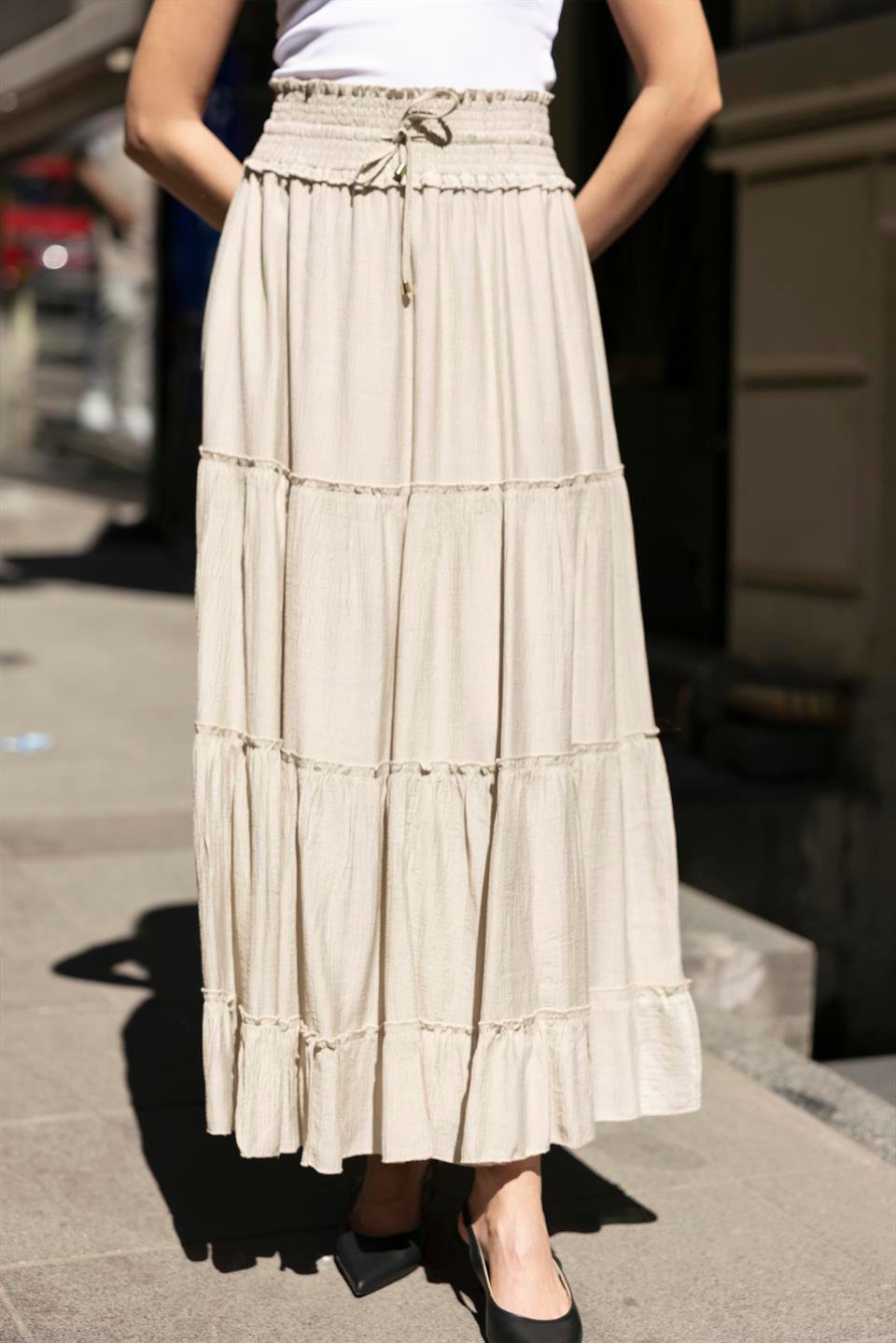 3295 GİPE KEMERLİ PARÇALI ETEK BEJ