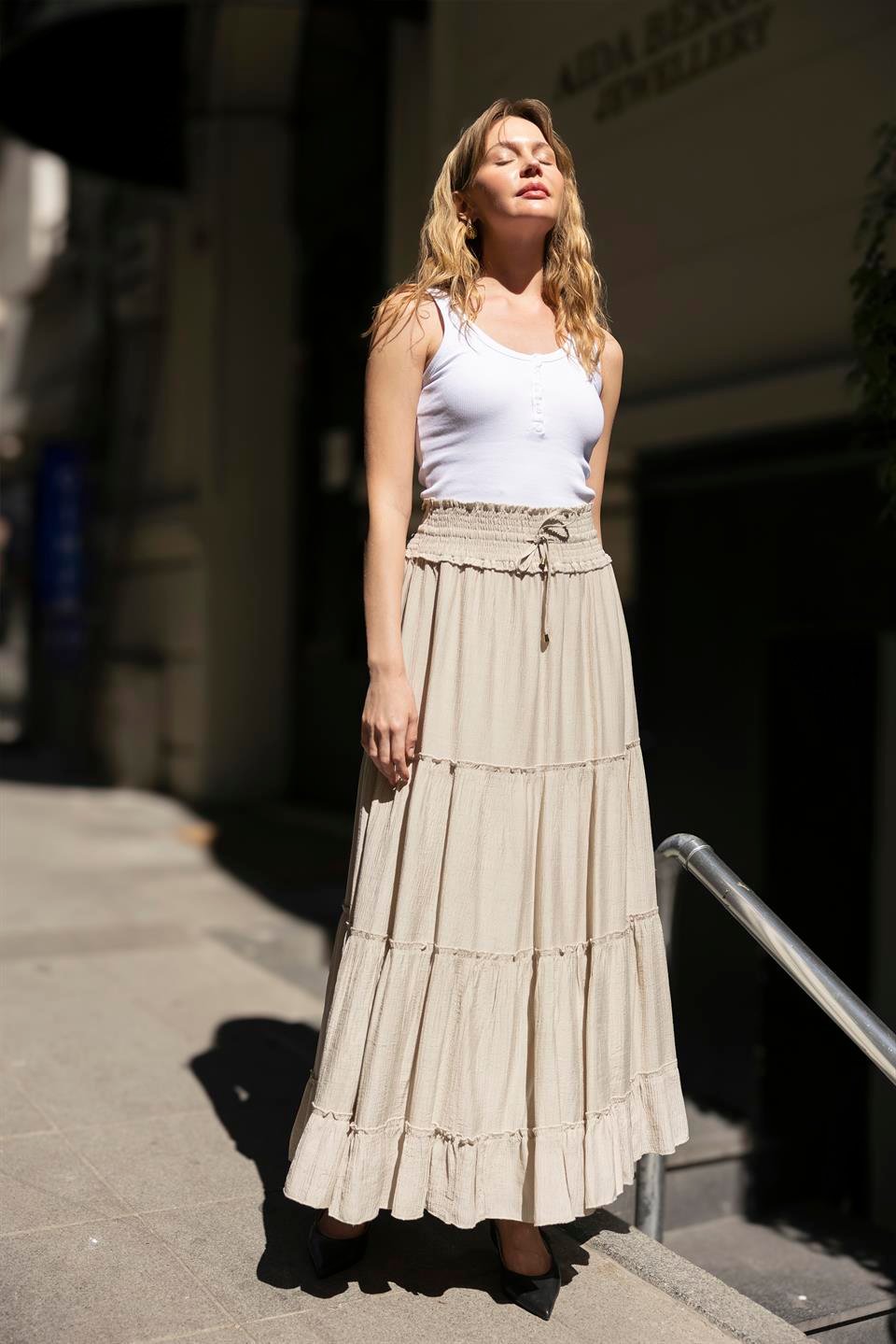 3295 GİPE KEMERLİ PARÇALI ETEK BEJ