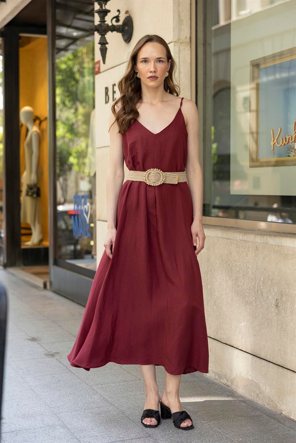 3303 İP ASKILI KEMERLİ ELBİSE BORDO