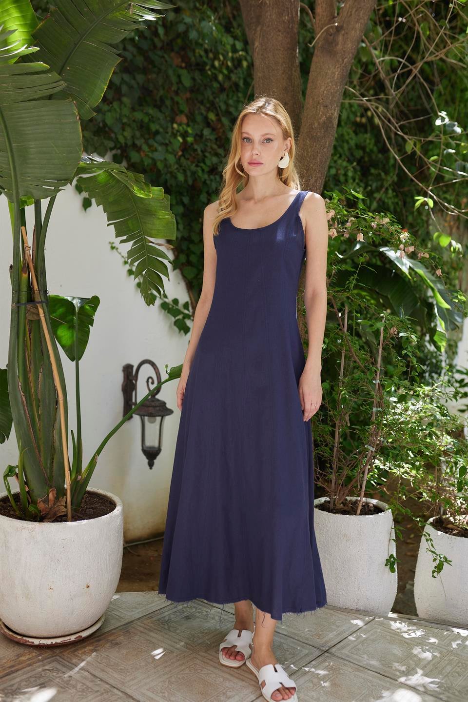 3325 ASKILI KETEN ELBİSE LACİVERT