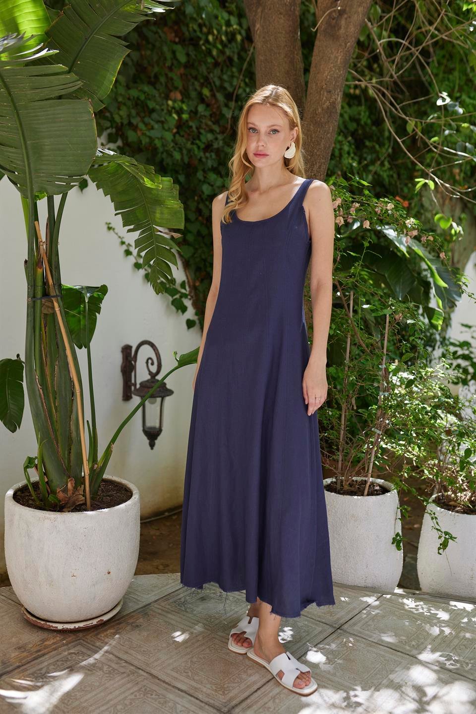 3325 ASKILI KETEN ELBİSE LACİVERT