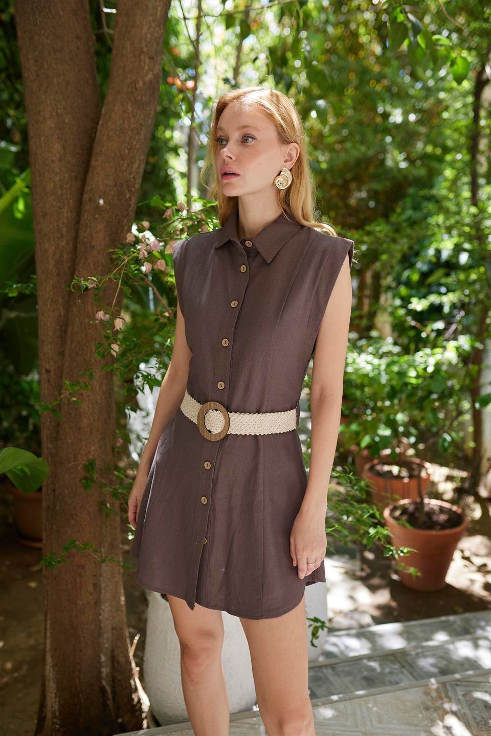 3329 KOLSUZ KEMERLİ ELBİSE KAHVE