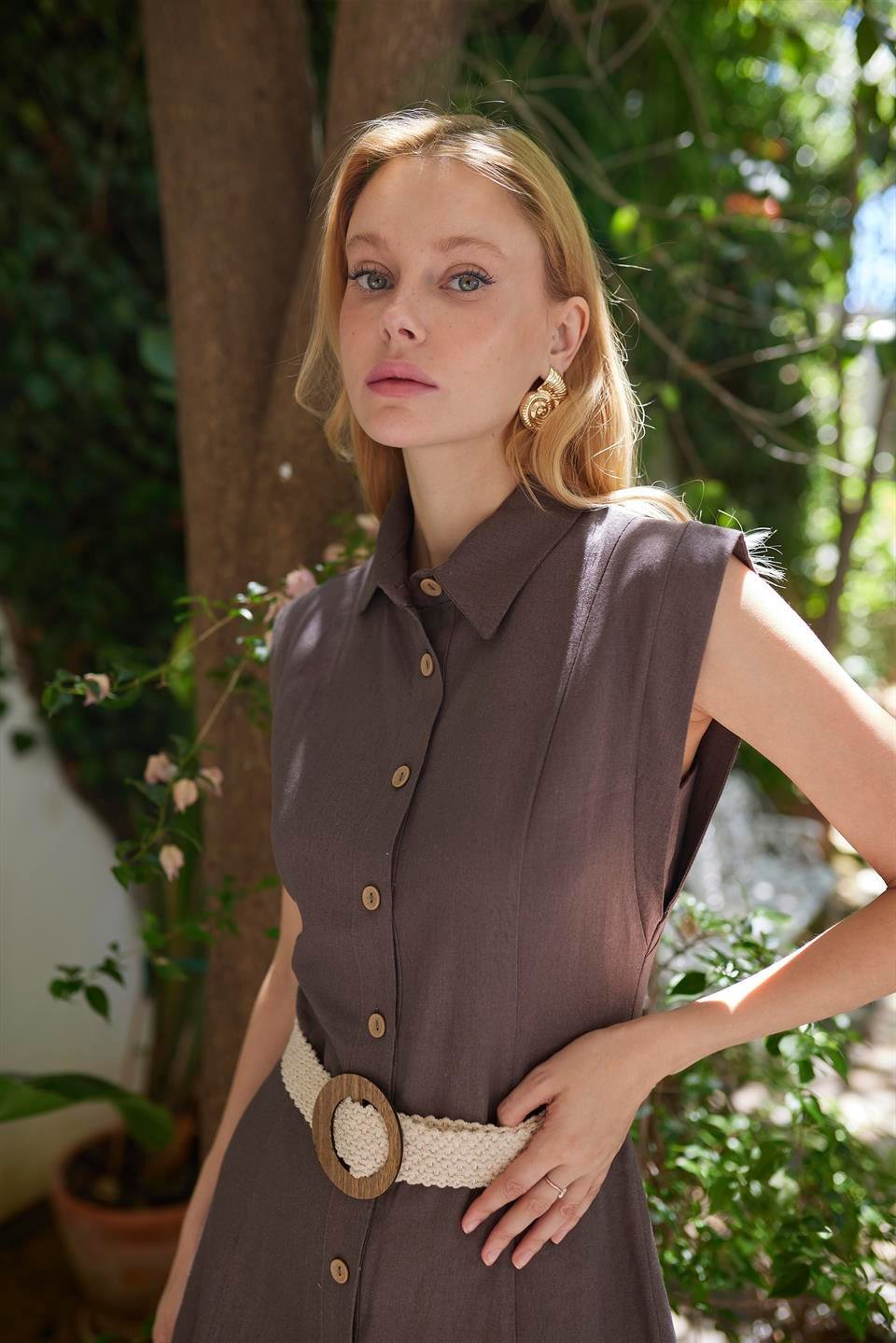 3329 KOLSUZ KEMERLİ ELBİSE KAHVE