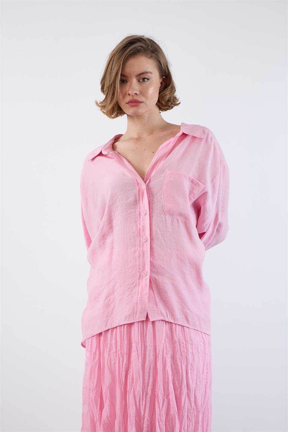 4612 DÜŞÜK OMUZLU OVERSİZE GÖMLEK ŞEKER PEMBE