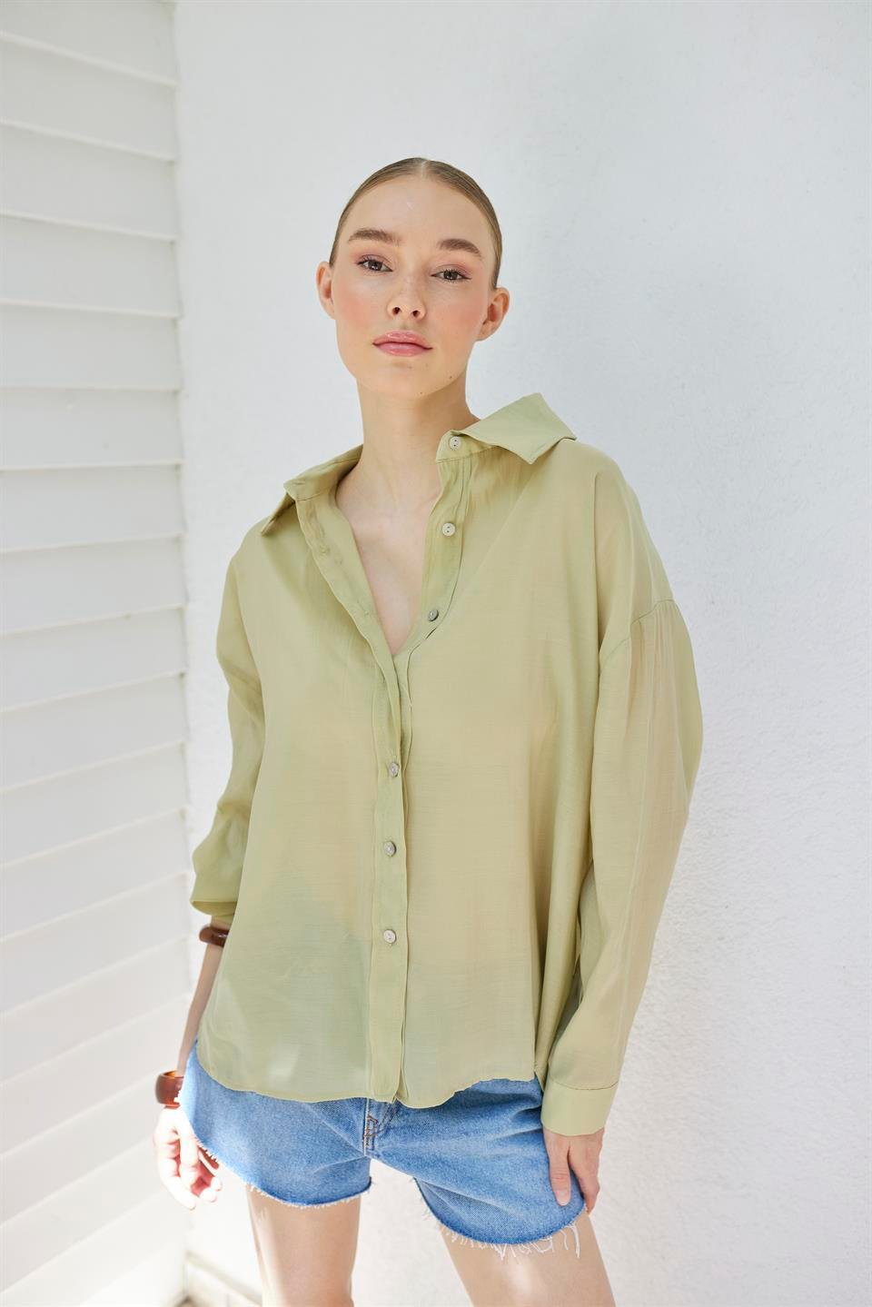 4924 OVERSIZE İPEKSİ GÖMLEK ADAÇAYI YEŞİL