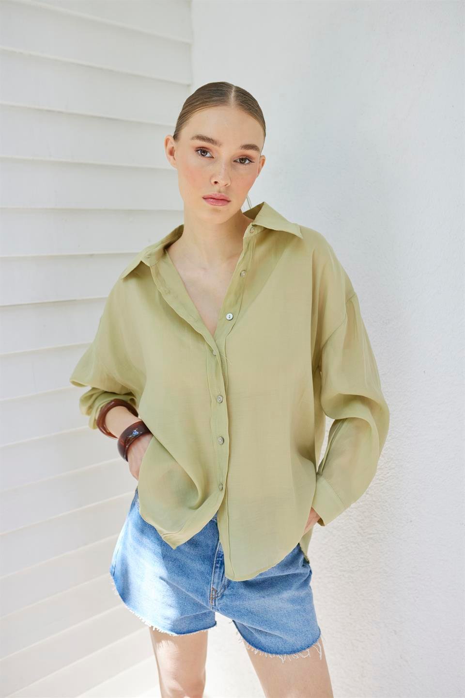 4924 OVERSIZE İPEKSİ GÖMLEK ADAÇAYI YEŞİL