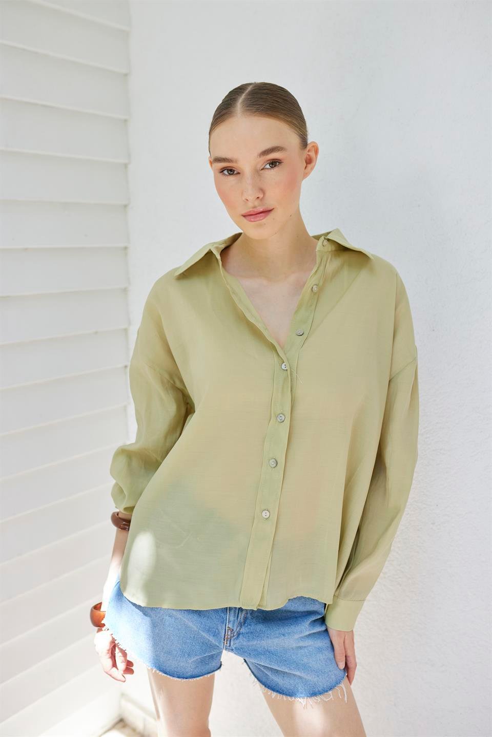 4924 OVERSIZE İPEKSİ GÖMLEK ADAÇAYI YEŞİL