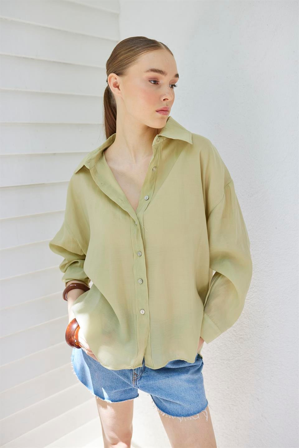 4924 OVERSIZE İPEKSİ GÖMLEK ADAÇAYI YEŞİL