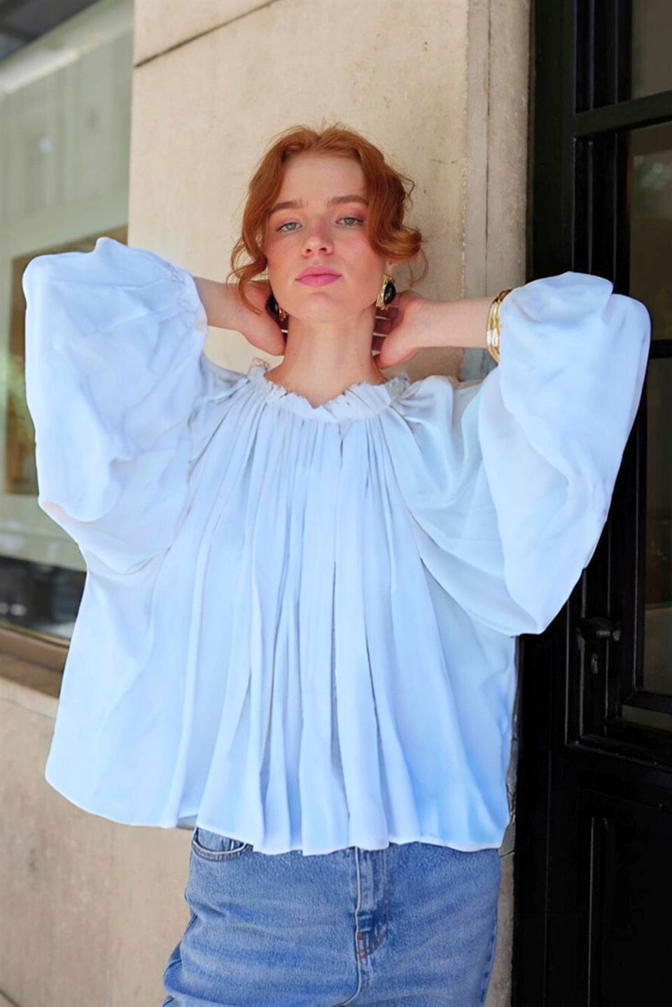 4959 YAKASI BÜZGÜLÜ BLUZ BEBE MAVİ