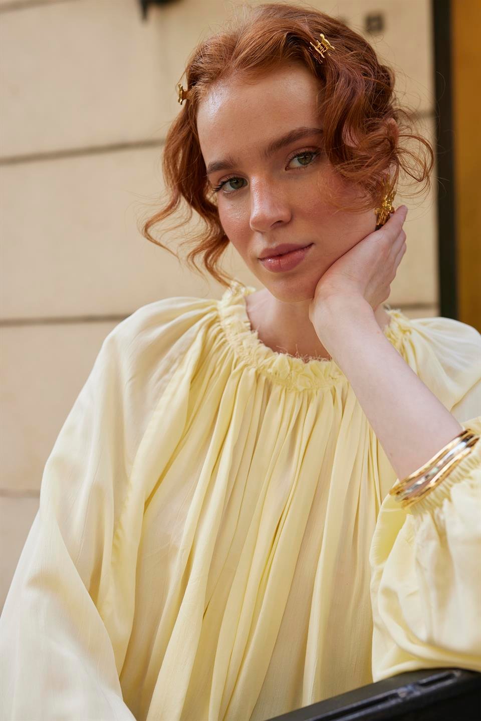 4959 YAKASI BÜZGÜLÜ BLUZ SARI