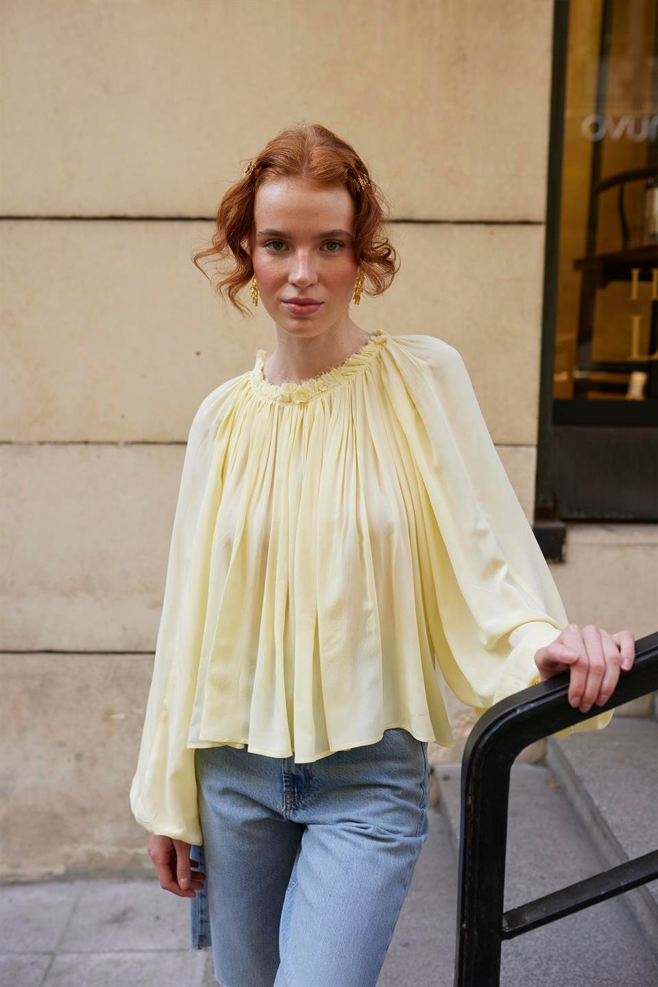 4959 YAKASI BÜZGÜLÜ BLUZ SARI