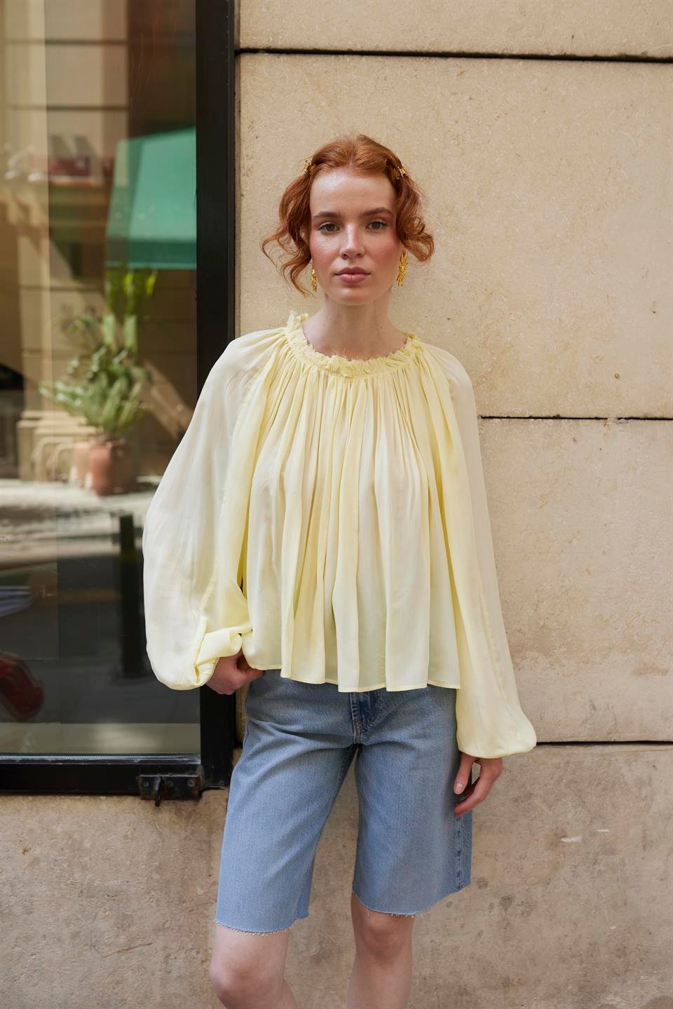 4959 YAKASI BÜZGÜLÜ BLUZ SARI