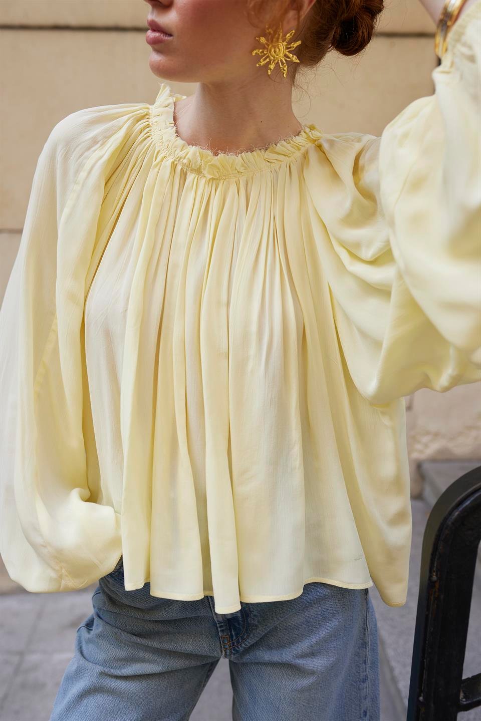 4959 YAKASI BÜZGÜLÜ BLUZ SARI