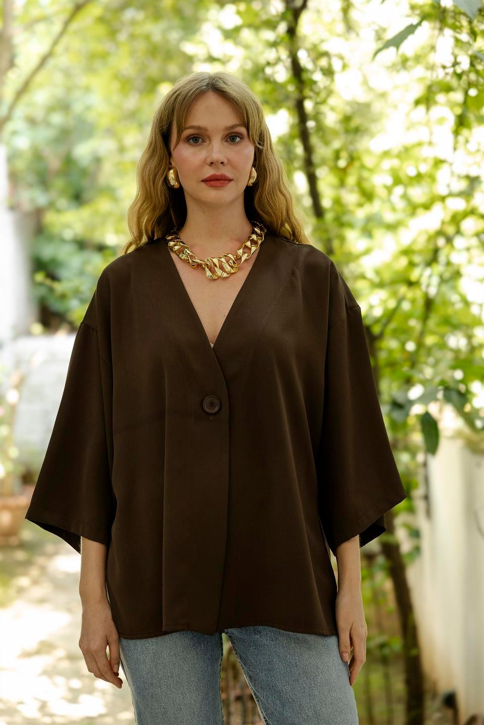 4972 ÖNDEN BAĞLAMALI BLUZ KAHVE