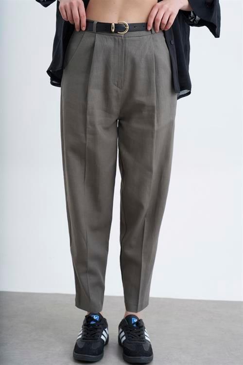 50985 KEMERLİ KETEN PANTOLON HAKİ