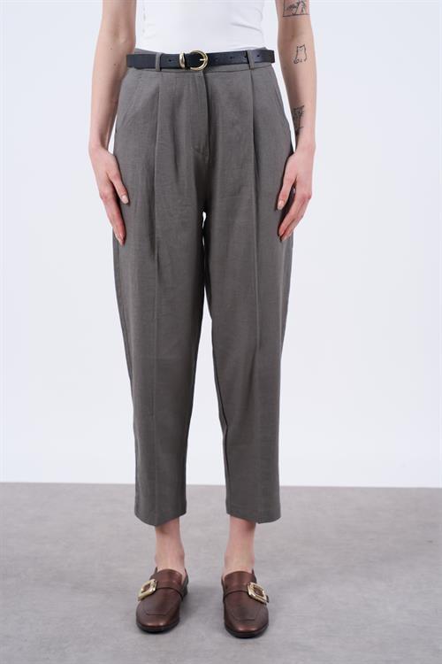 50985 KEMERLİ KETEN PANTOLON HAKİ
