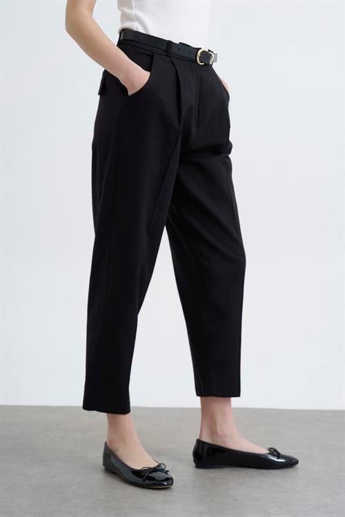 50985 KEMERLİ KETEN PANTOLON SİYAH