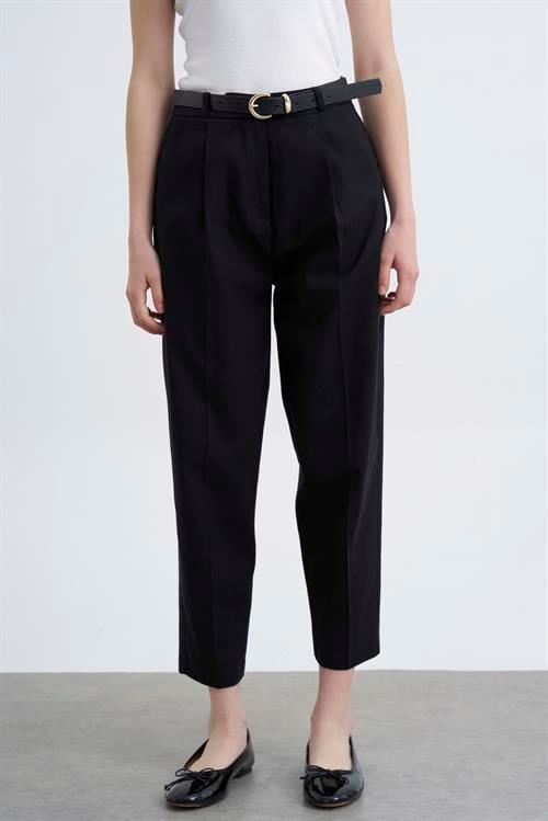50985 KEMERLİ KETEN PANTOLON SİYAH