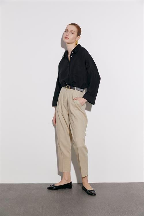 50985 KEMERLİ KETEN PANTOLON TAŞ