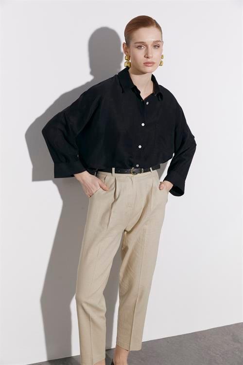 50985 KEMERLİ KETEN PANTOLON TAŞ