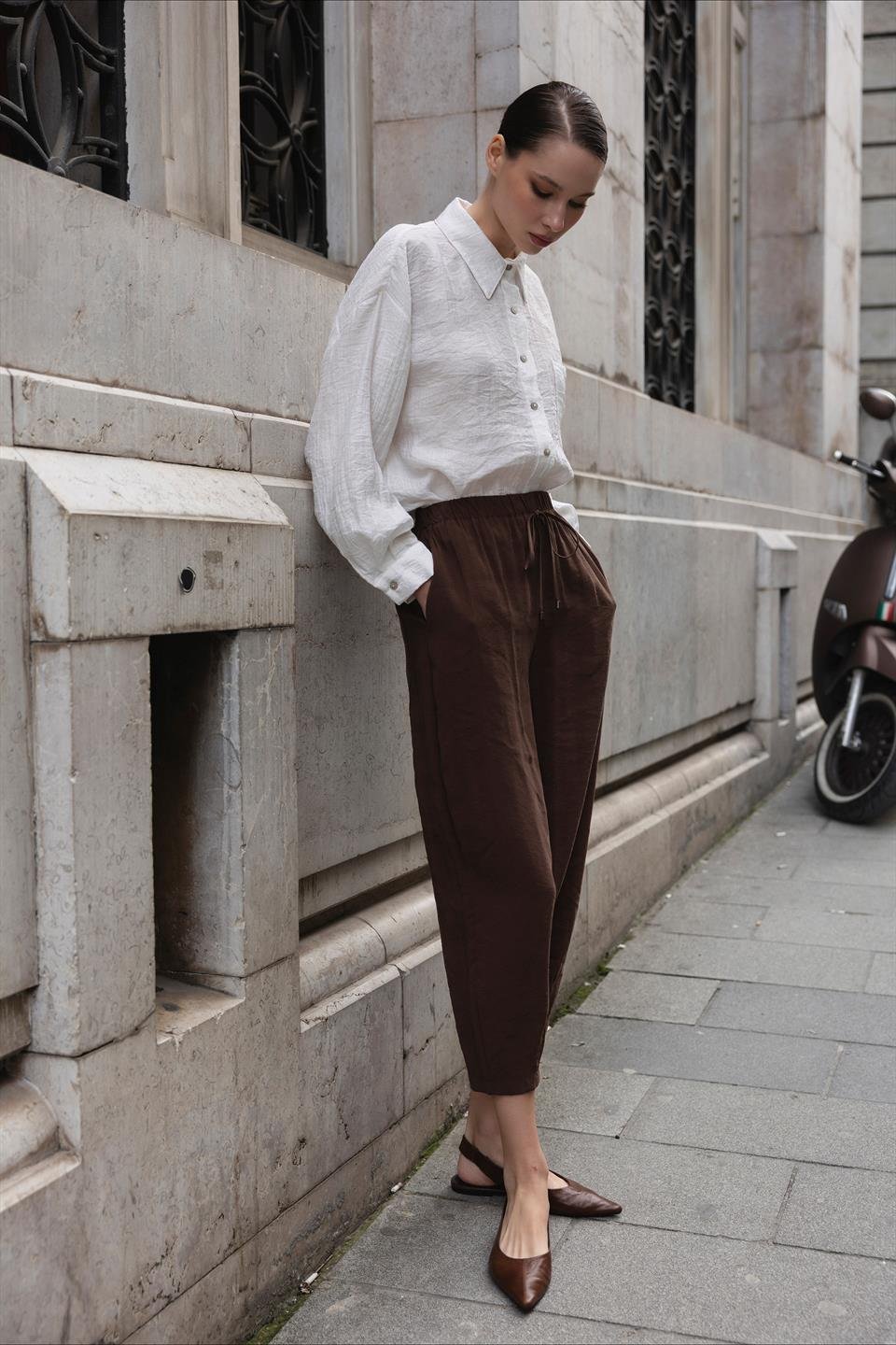 51106 BELİ LASTİKLİ PANTOLON KAHVE