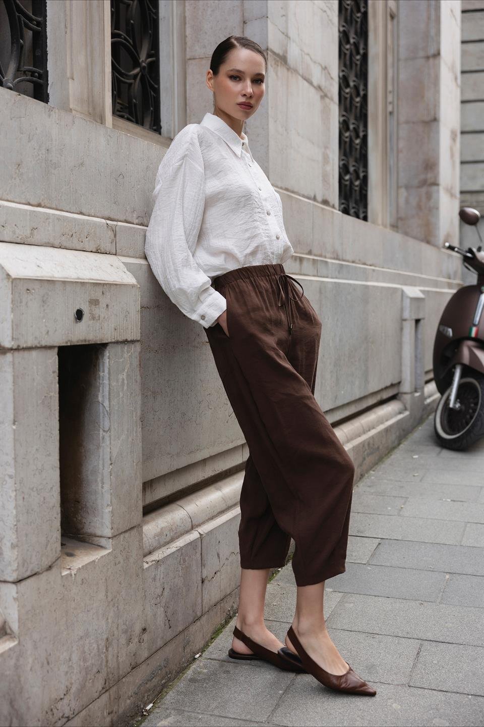 51106 BELİ LASTİKLİ PANTOLON KAHVE