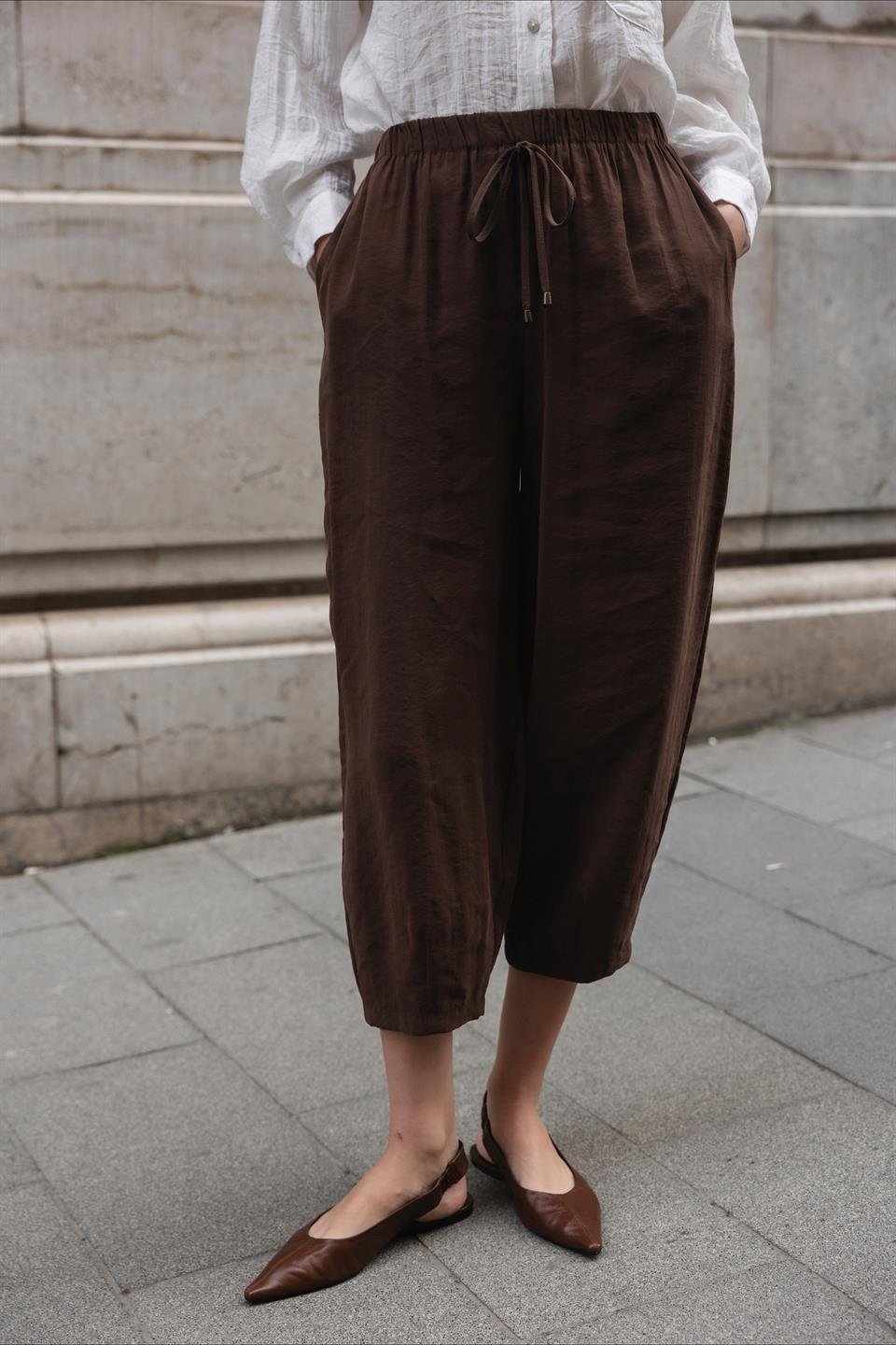 51106 BELİ LASTİKLİ PANTOLON KAHVE