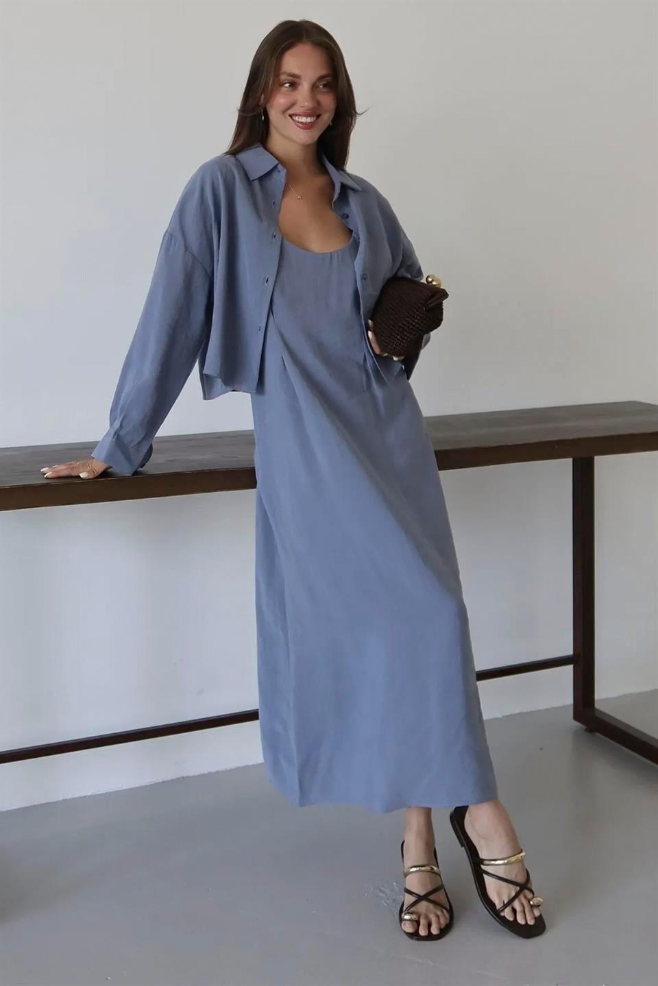 51153 GÖMLEK ELBİSE TAKIM GRİ-MAVİ