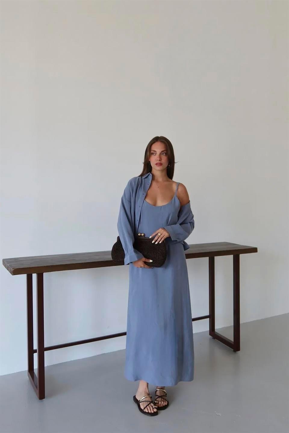 51153 GÖMLEK ELBİSE TAKIM GRİ-MAVİ