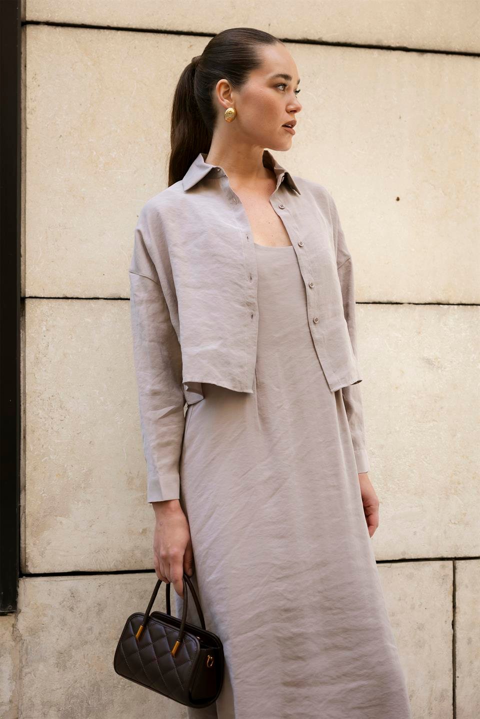 51153 GÖMLEK ELBİSE TAKIM VİZON