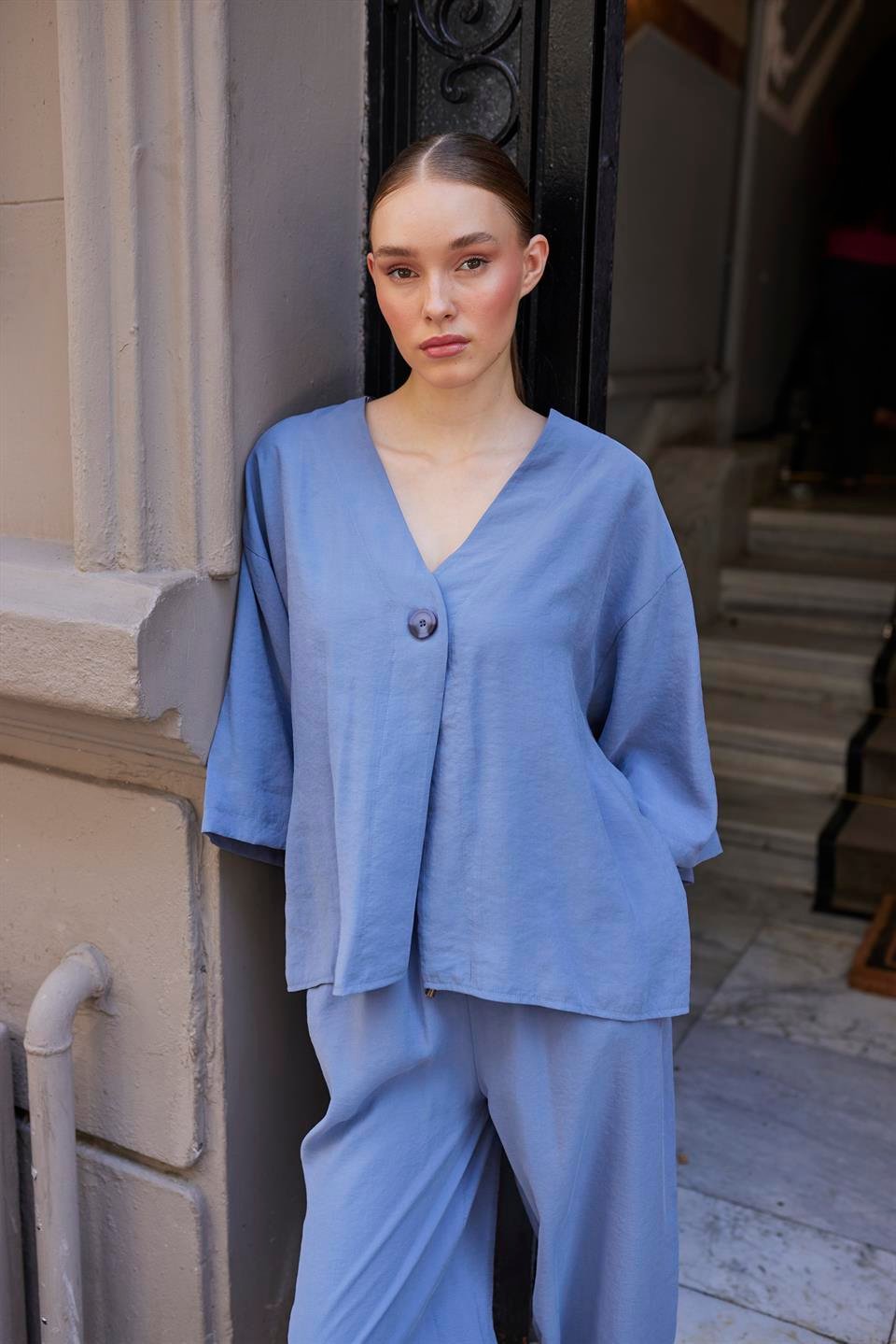 51189 BLUZ PANTOLON TAKIM GRİ-MAVİ