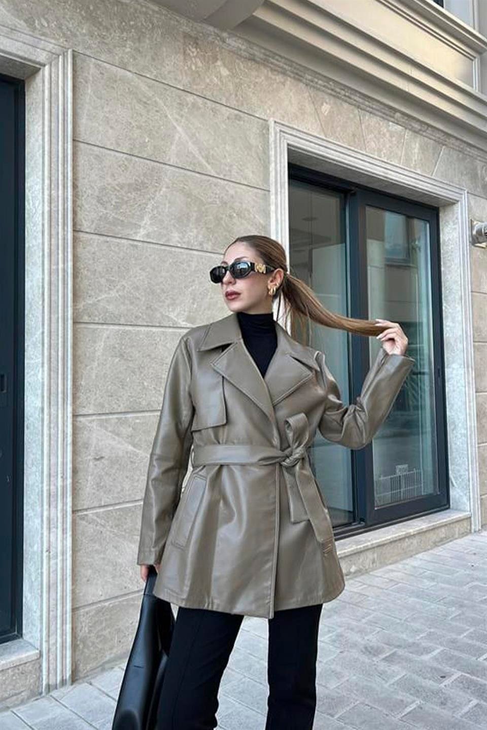 9320 DERİ TRENÇ VİZON