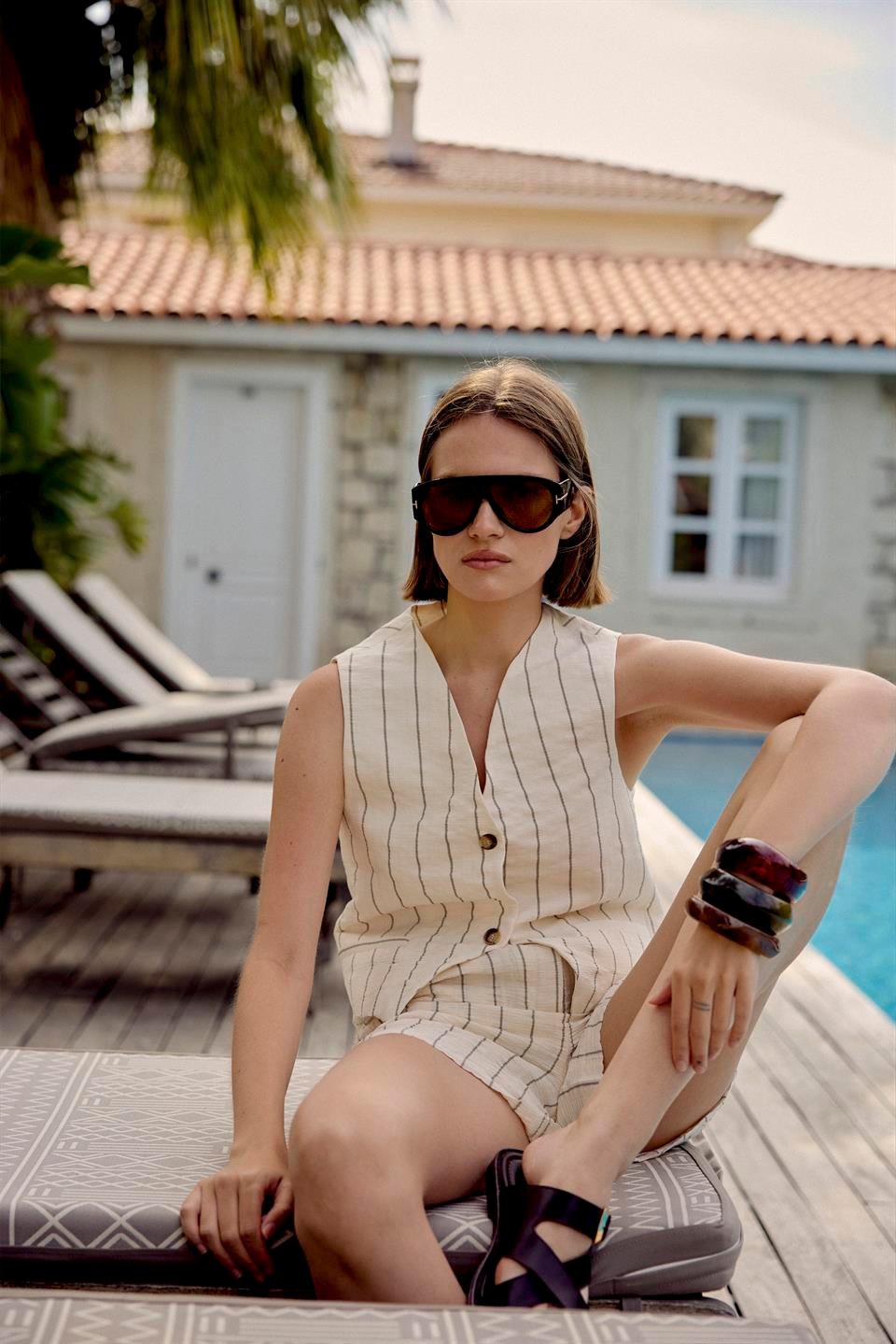 9578 YELEK KEMERLİ ŞORT TAKIM EKRU