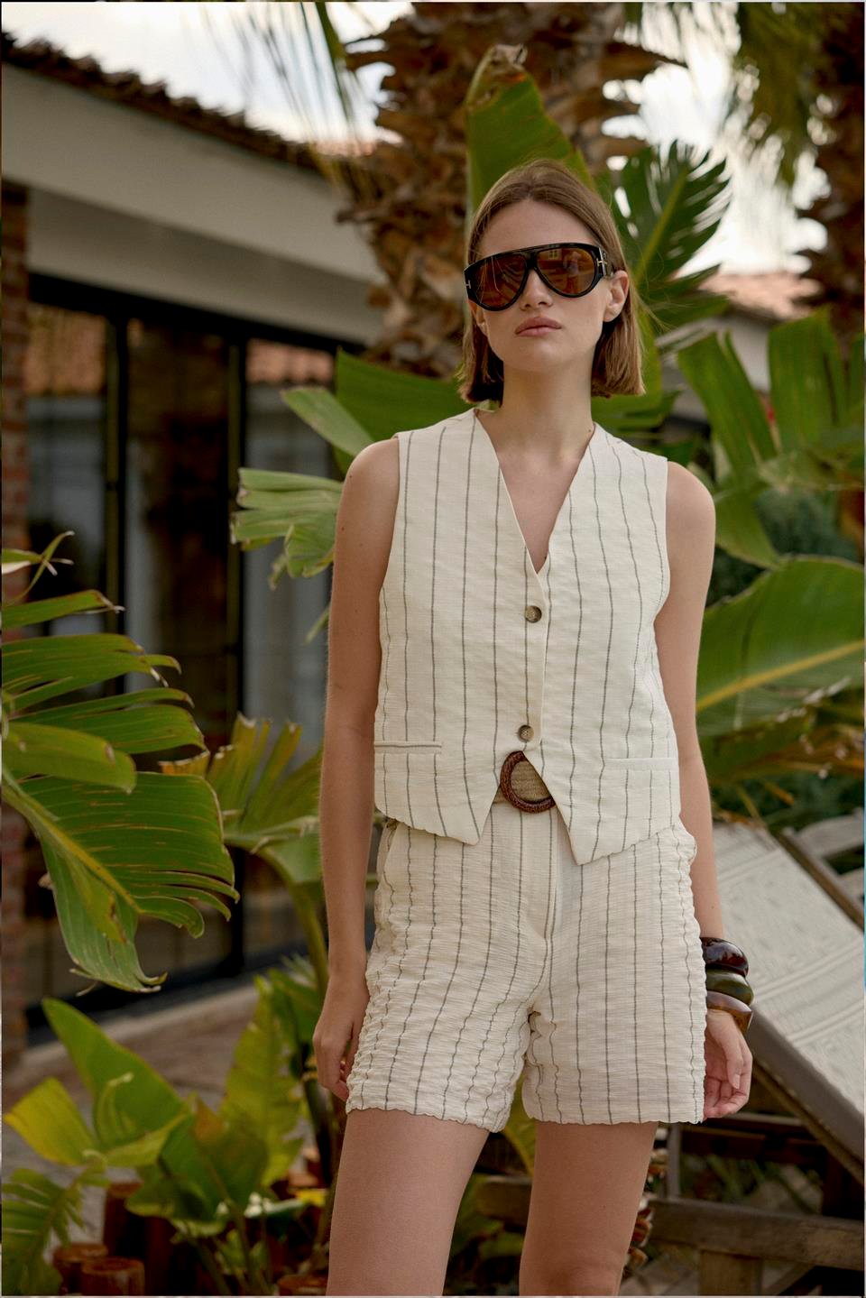 9578 YELEK KEMERLİ ŞORT TAKIM EKRU