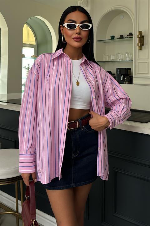 Çizgili Pembe Poplin Gömlek 3451