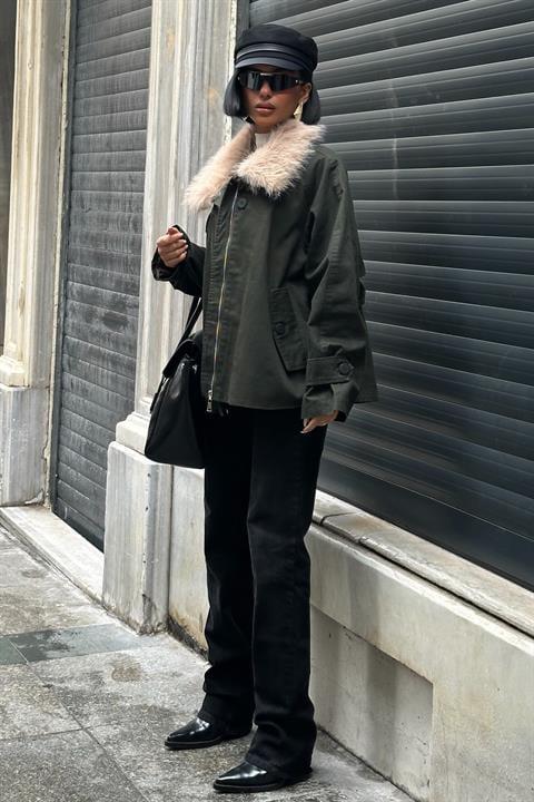 Kürk Yakalı Oversize Ceket 6135-08
