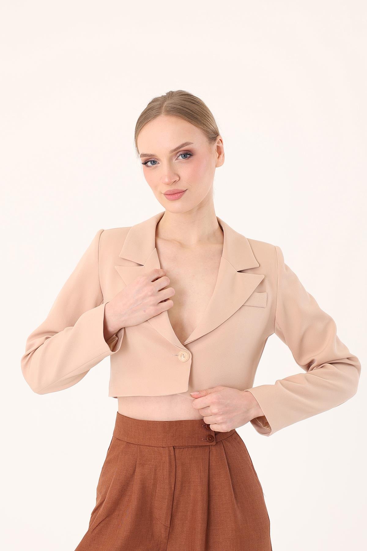 Crop Blazer Ceket-Taş