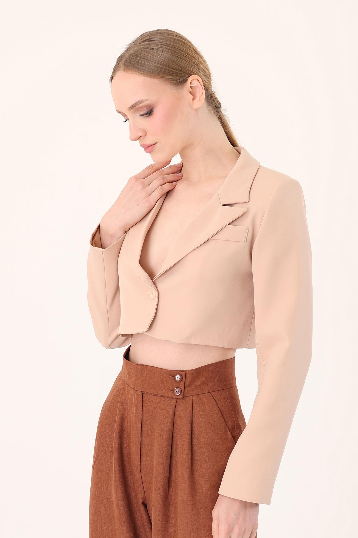 Crop Blazer Ceket-Taş