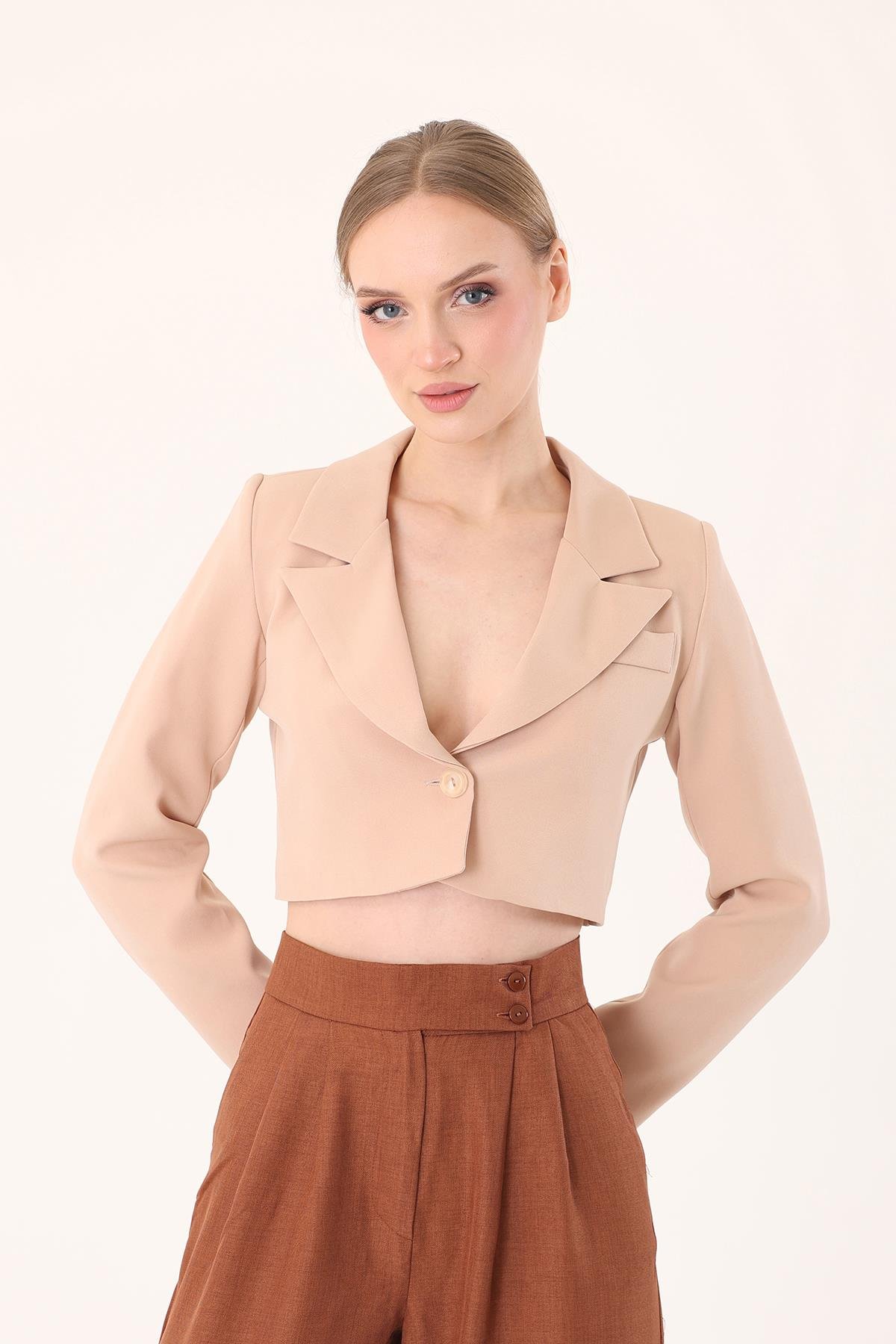 Crop Blazer Ceket-Taş