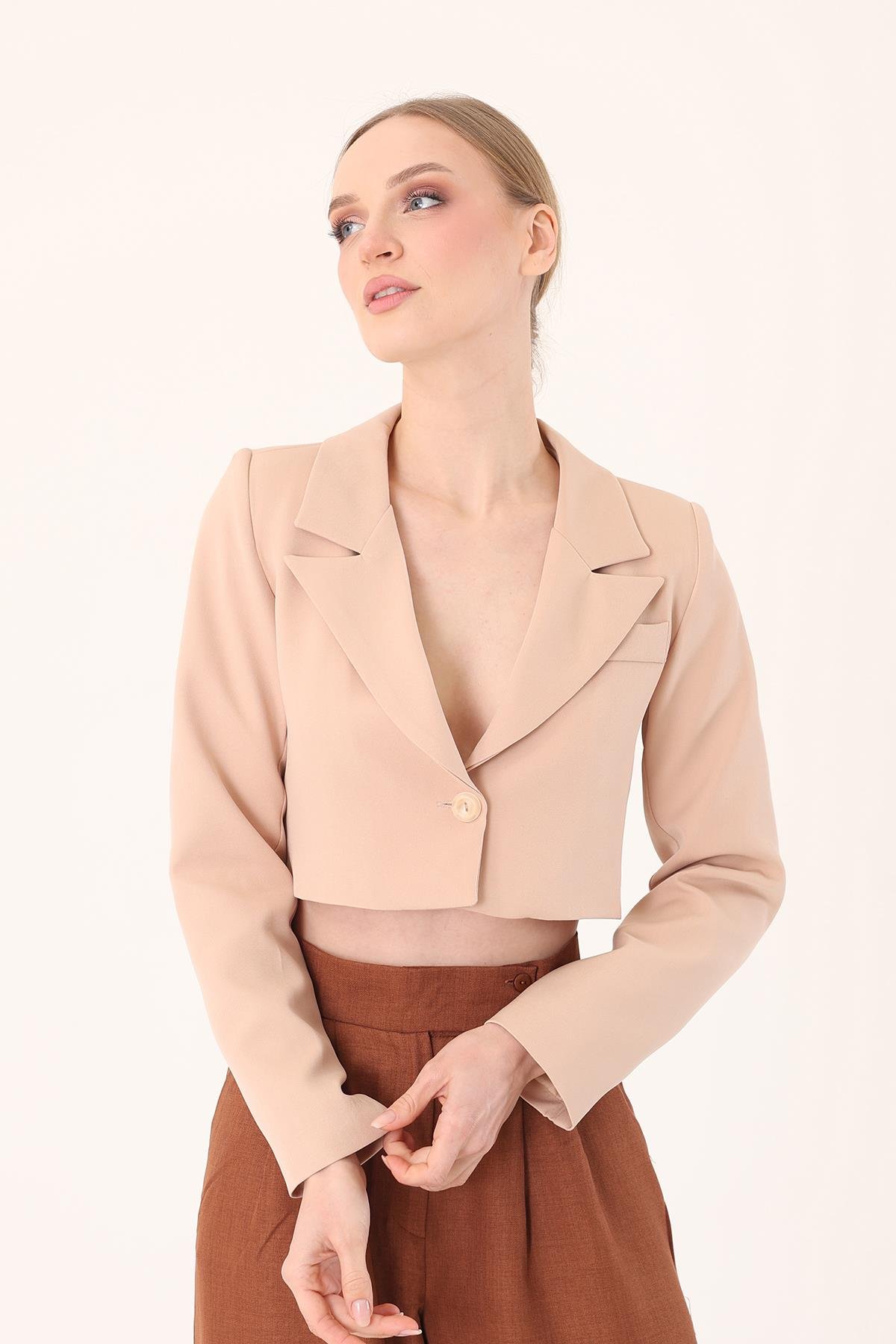 Crop Blazer Ceket-Taş