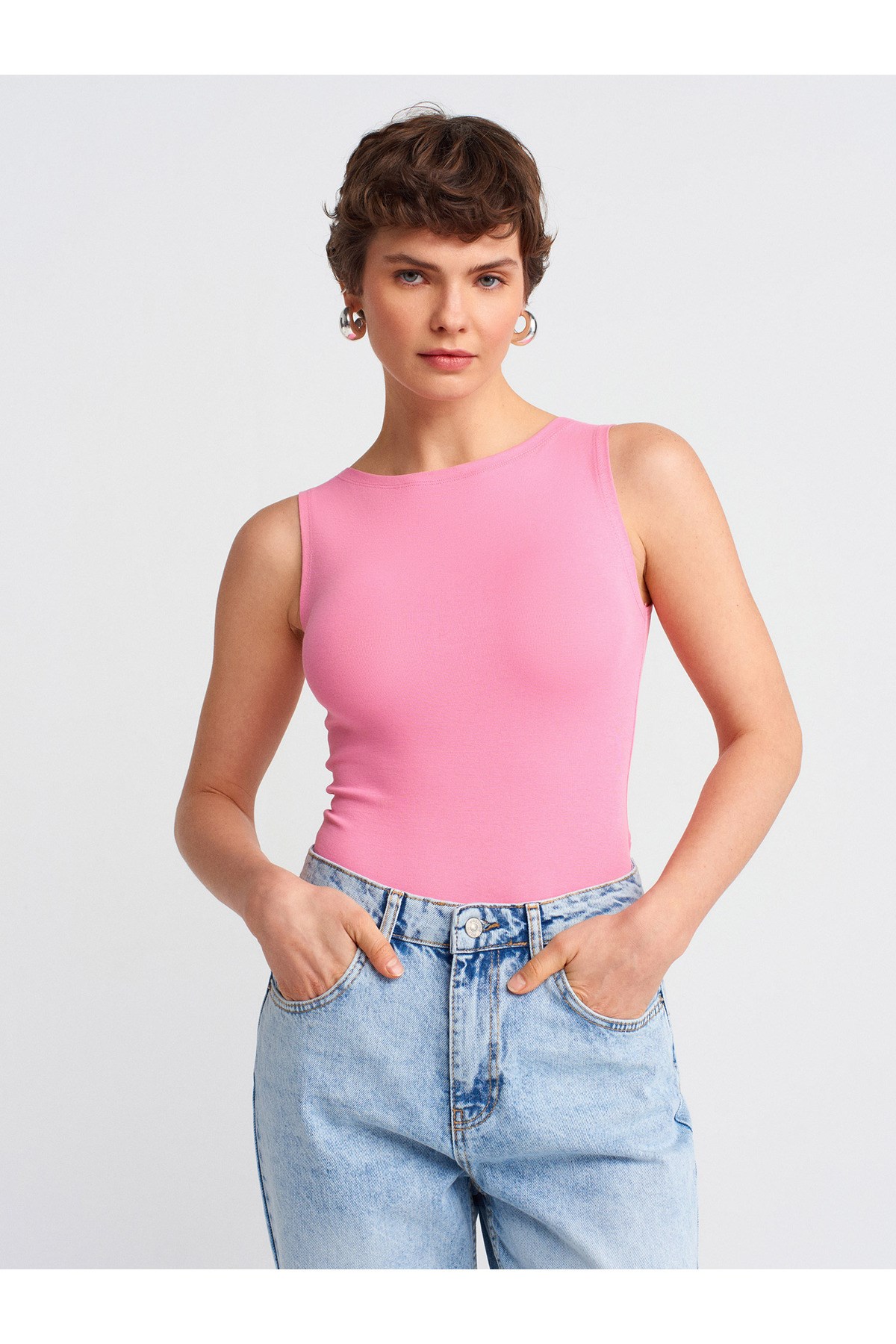 20868 Kayık Yaka Kolsuz Top-Pembe