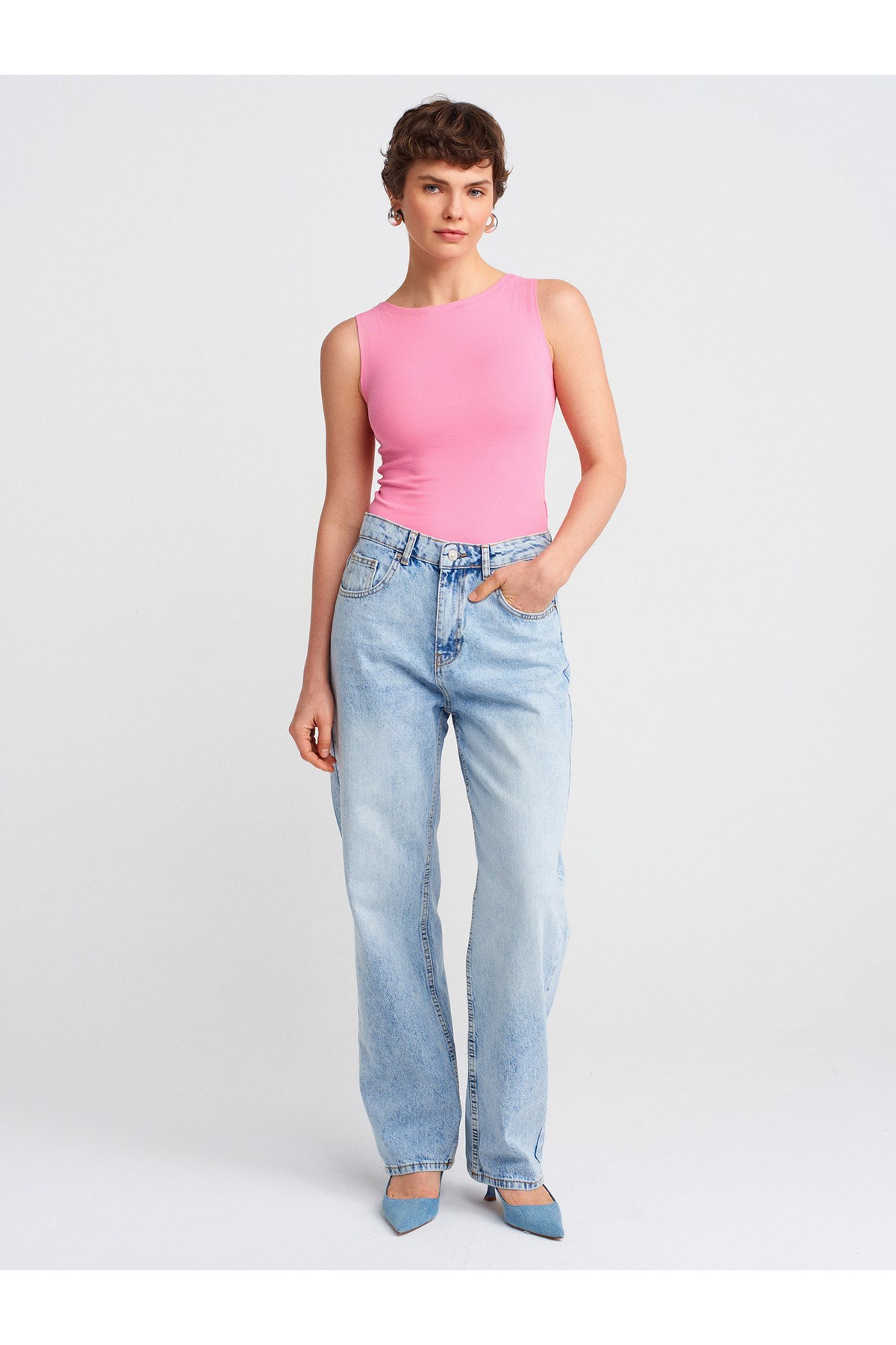 20868 Kayık Yaka Kolsuz Top-Pembe