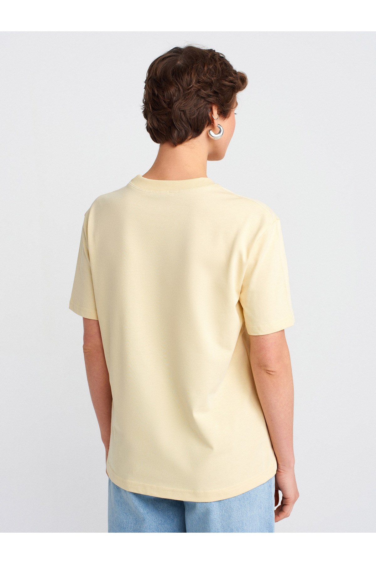 30312 %100 Pamuk Bisiklet Yaka T-Shirt-Açık Sarı