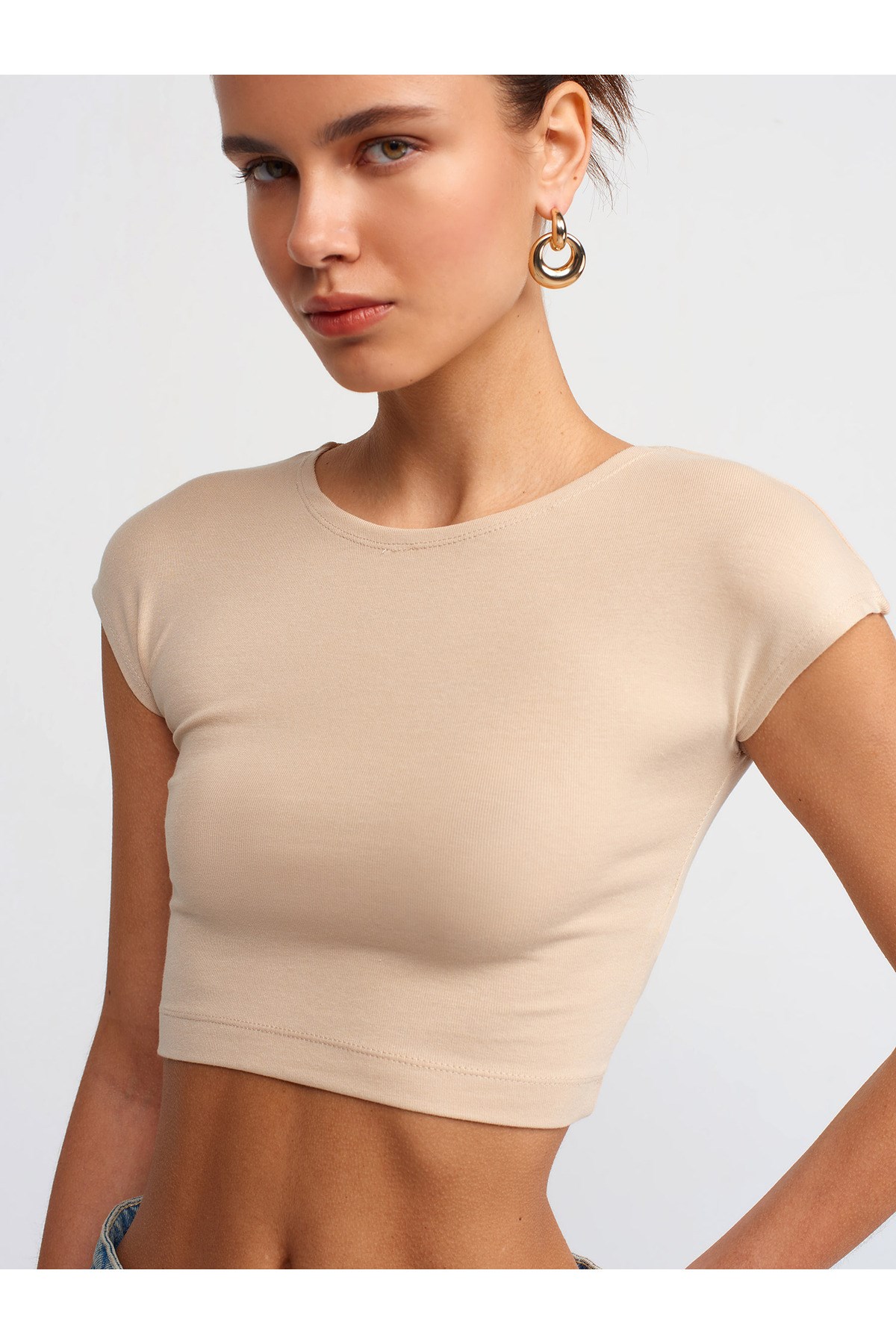 30528 Pamuk ve Modal  Karışımlı Crop Top-Açık Bej