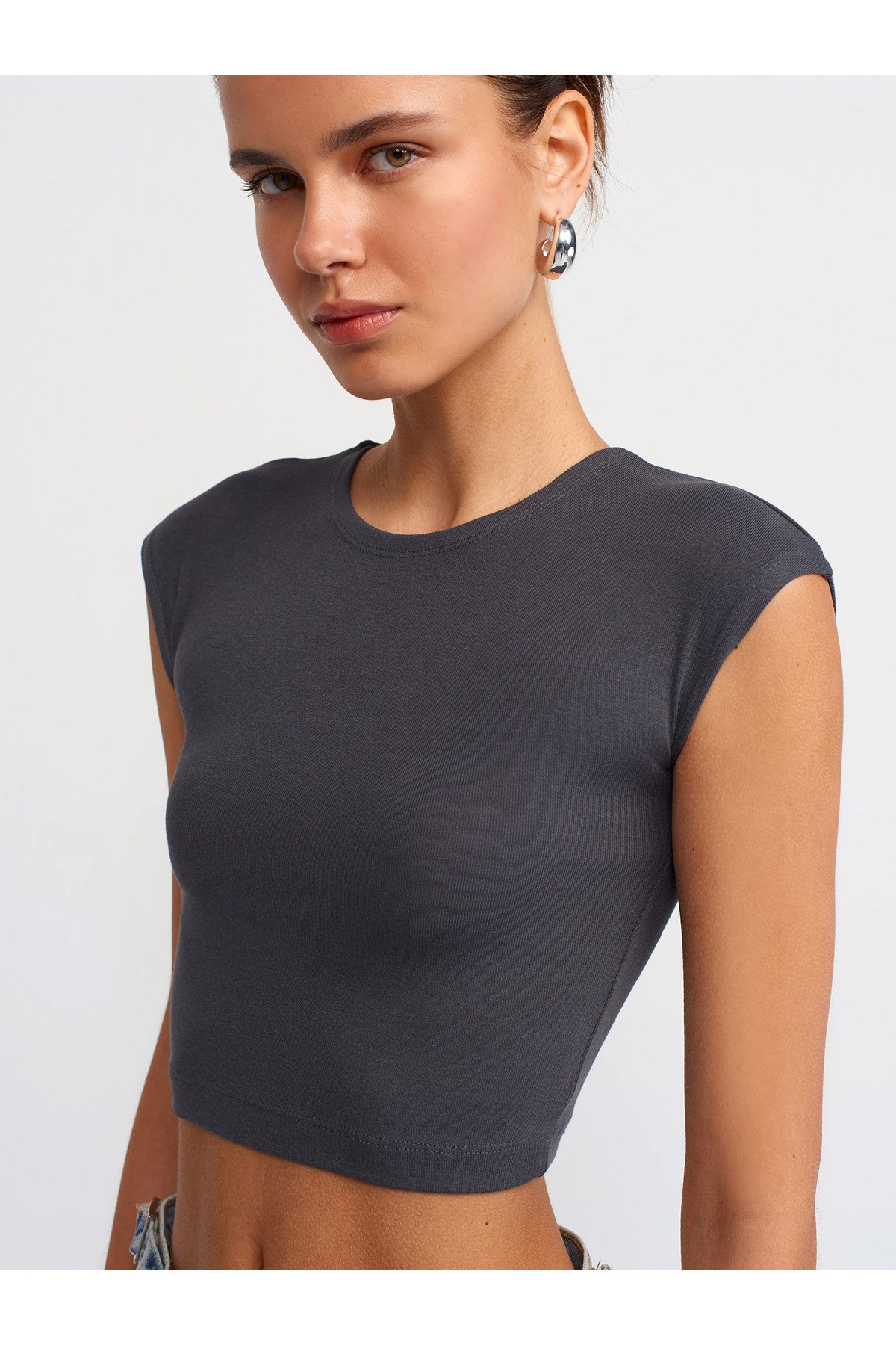 30528 Pamuk ve Modal  Karışımlı Crop Top-Antrasit