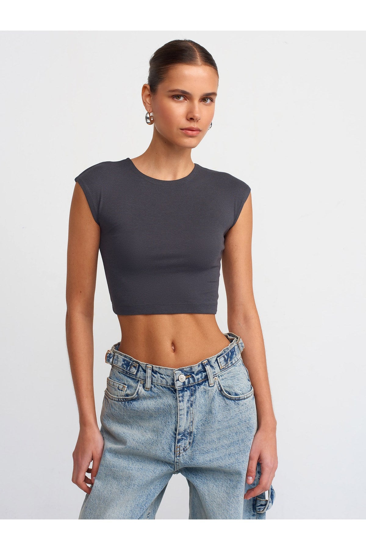 30528 Pamuk ve Modal  Karışımlı Crop Top-Antrasit