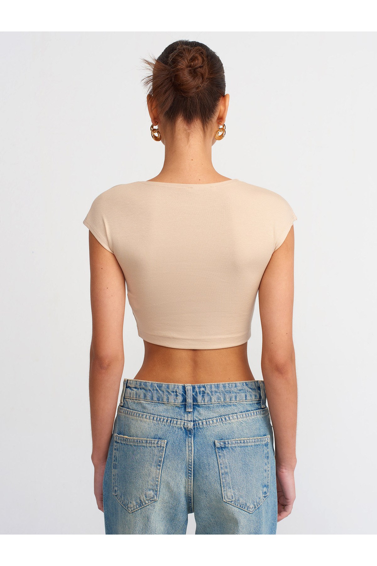 30528 Pamuk ve Modal  Karışımlı Crop Top-Açık Bej