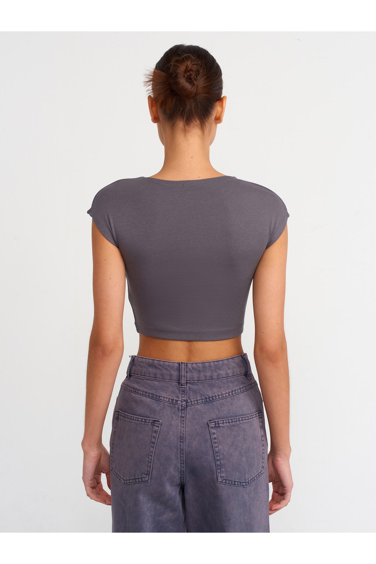 30528 Pamuk ve Modal  Karışımlı Crop Top-Füme