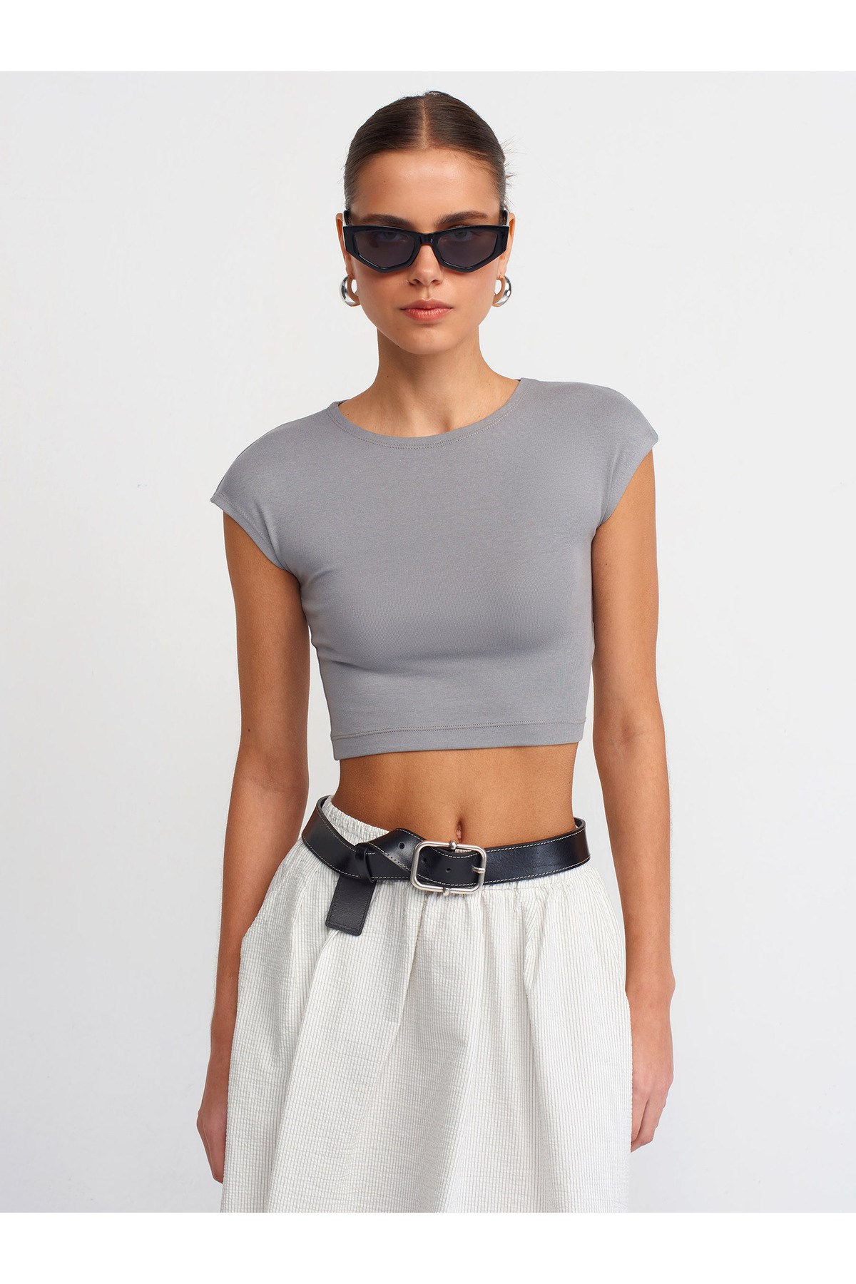 30528 Pamuk ve Modal Karışımlı Crop Top-Gri